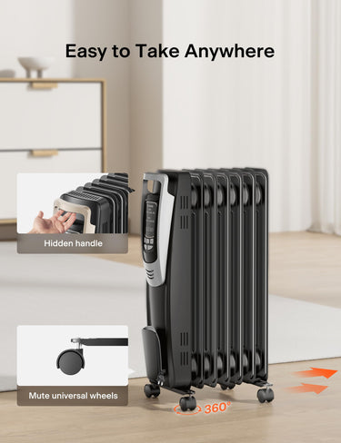 PELONIS Oil Filled Radiator, Electric Space Heater for Indoor Use Large Room with Thermostat & Remote, 3 Modes & 3 Heat Settings, ECO Mode, 24H Timer, Quiet, Overheat & Tip-Over Protection, 1500W Premium with LED Display Black